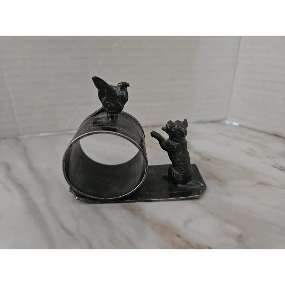 Victorian Silver Plated Figural Napkin Ring w/Dog & Bird - Inscribed Mattie